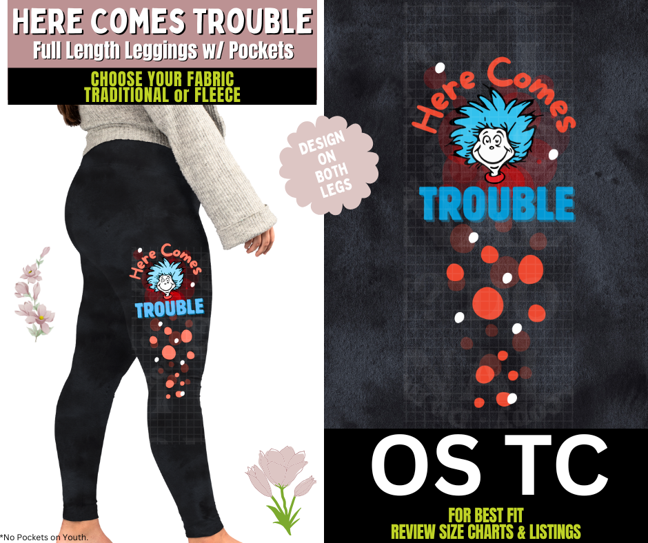 Here Comes Trouble Watercolor Leggings w/ Side Leg Designs Choose Fleece or Traditional