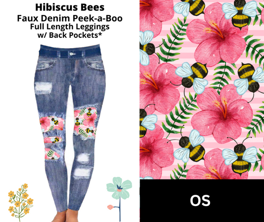 Hibiscus Bees Faux Denim Full Length Peekaboo Leggings