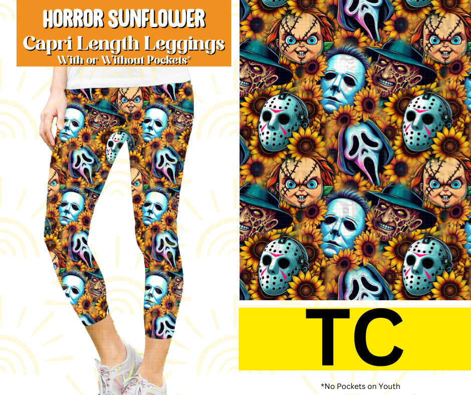 Horror Sunflower Capri Length Leggings w/ Pockets
