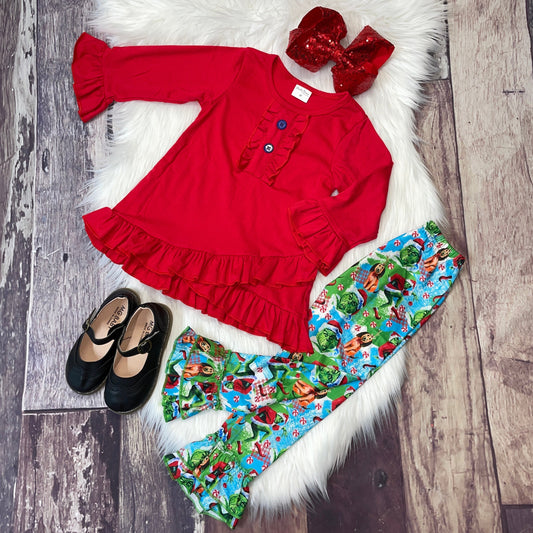 Christmas Character Ruffle Long Sleeve Top & Bottom Set