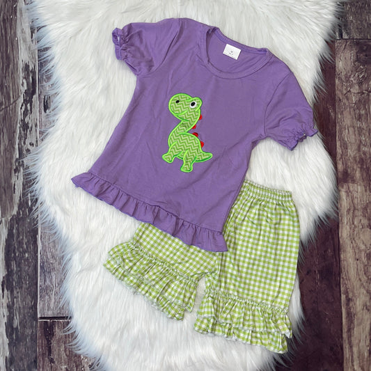 Embroidered Dino Purple Ruffle Tee & Ruffle Shorts Set