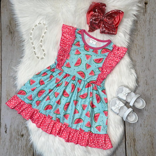 Aqua Watermelon Print Dress with Coral Polka Dot Ruffles