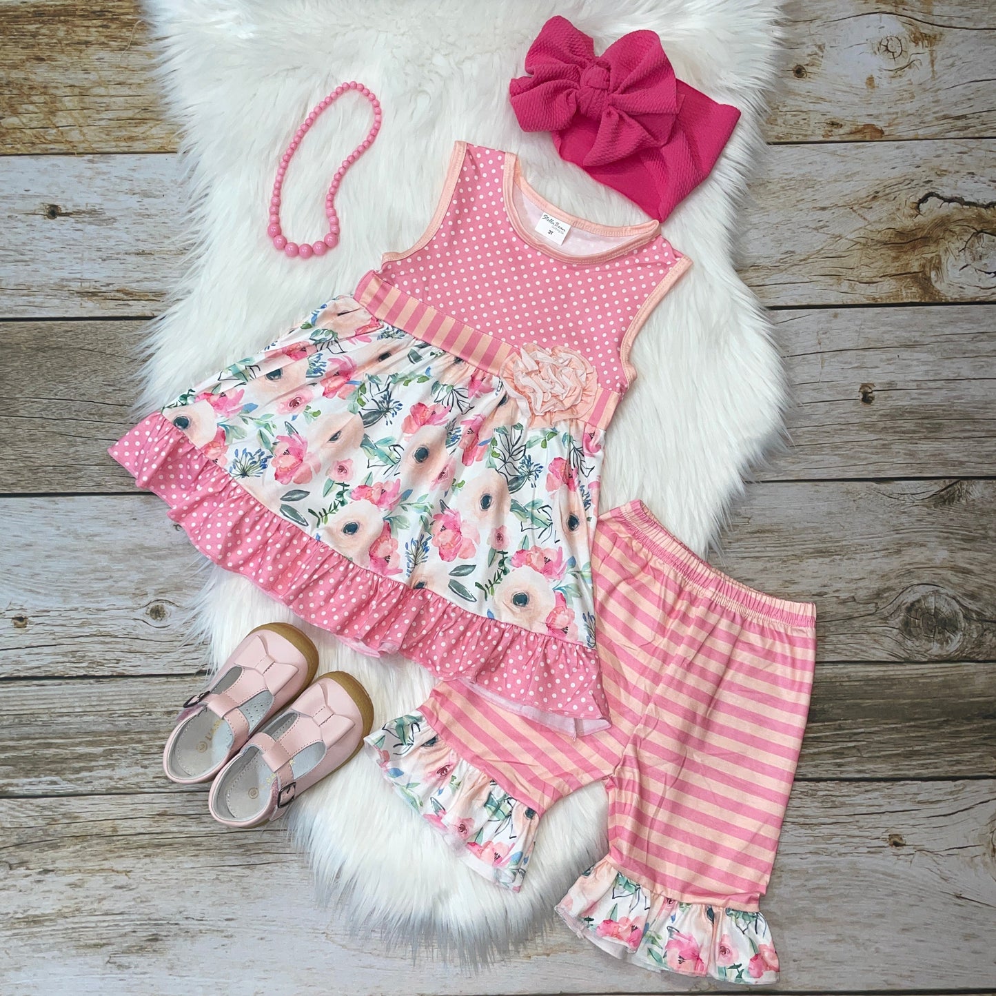 Pink Polka Dot and Cream Floral Tunic and Short Set