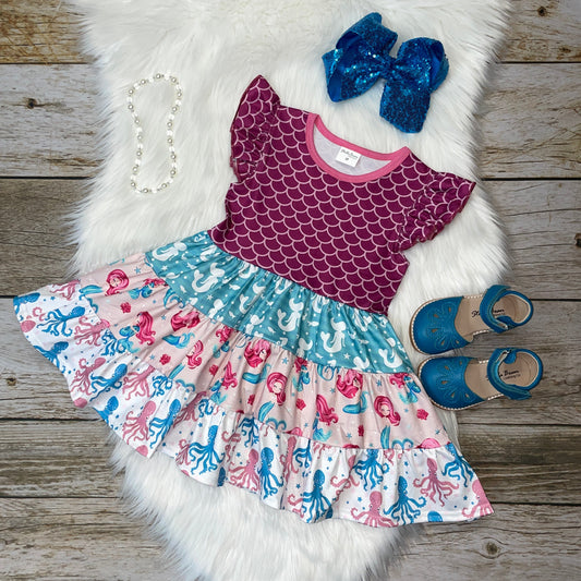 Raspberry & Fuchsia Mermaid Print Flutter Sleeve Dress