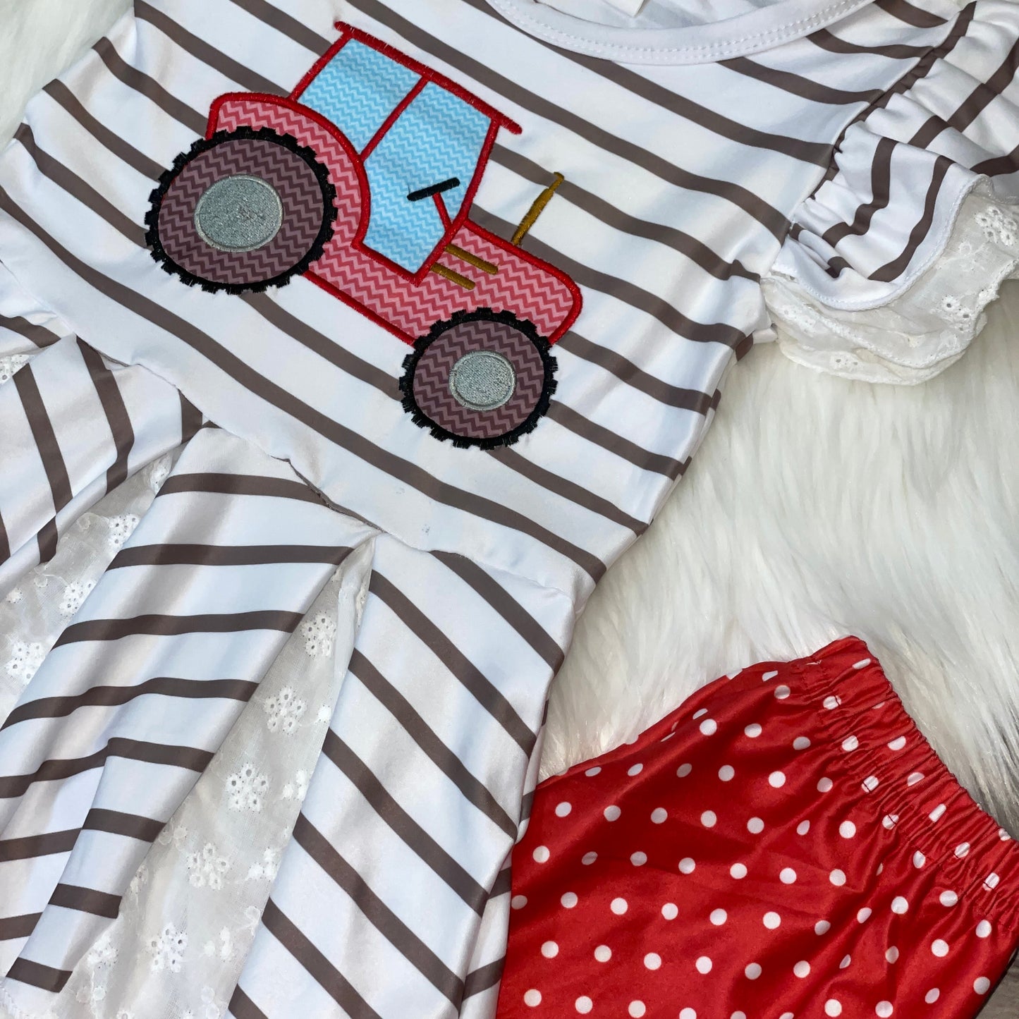 Red & Grey Embroidered Tractor Peplum and Capris Set