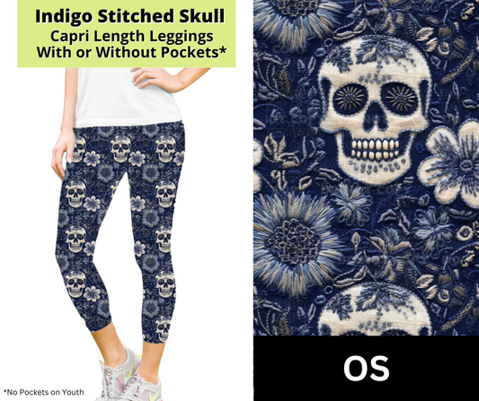 Indigo Stitched Skull Capri Length Leggings w/ Pockets