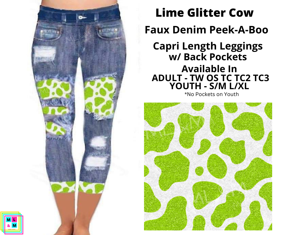 Lime Glitter Cow Faux Denim Capris