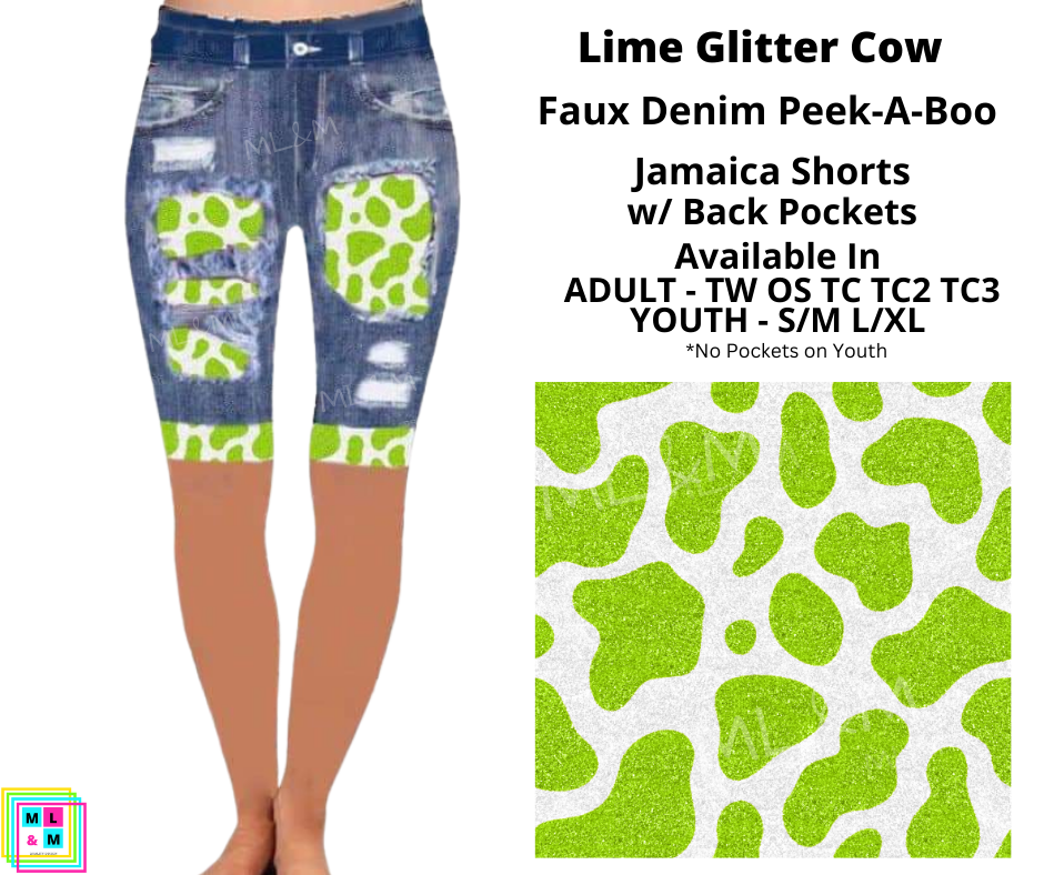 Lime Glitter Cow Faux Denim Jamaica Shorts