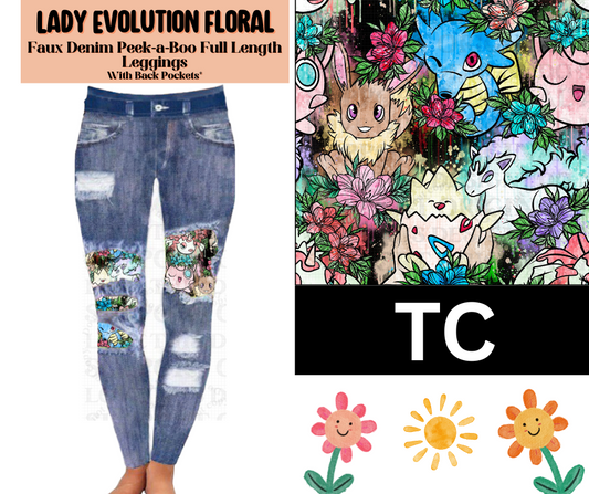 Lady Evolution Floral Faux Denim Full Length Peekaboo Leggings