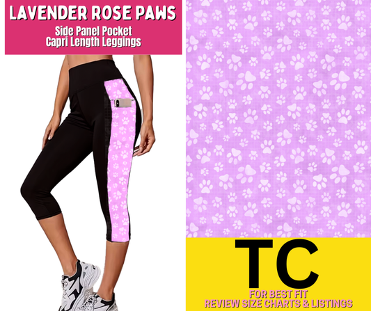 Lavender Rose Paws Side Panel Pocket Capri Length Leggings
