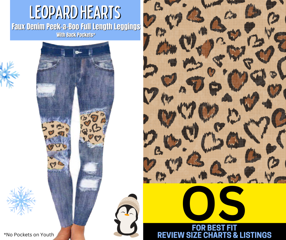 Leopard Hearts Faux Denim Full Length Peekaboo Leggings