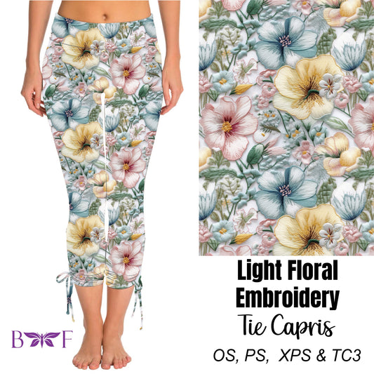 Light Floral Embroidery Side Tie Capris
