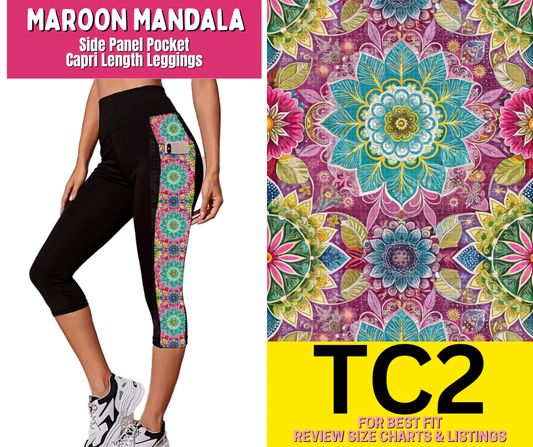 Maroon Mandala Side Panel Pocket Capri Length Leggings