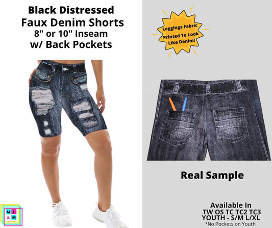 Black Distressed Faux Denim Shorts w/ Back Pockets