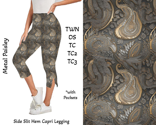 Metal Paisley - Side Slit Hem Capri Leggings with Pockets Preorder Closes 2/23