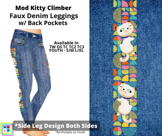 Mod Kitty Climber Full Length Faux Denim w/ Side Leg Designs