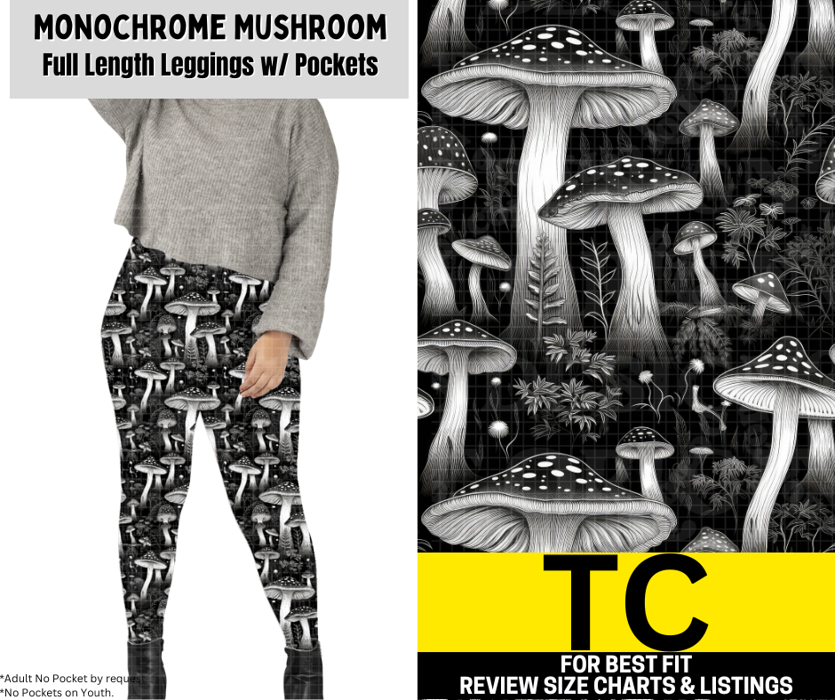Monochrome Mushroom  Full Length Leggings w/ Pockets