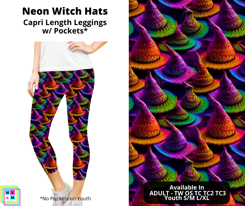 Neon Witch Hats Capri Length Leggings w/ Pockets