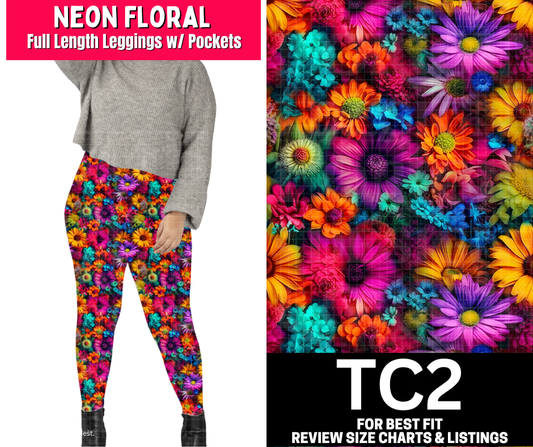 Neon Floral Full Length Leggings w/ Pockets