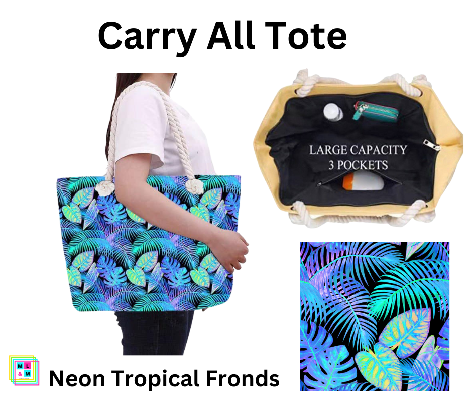 Neon Tropical Fronds Carry All Tote w/ Zipper