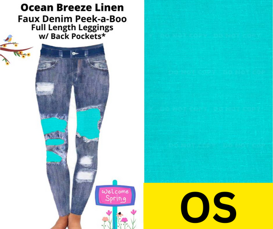 Ocean Breeze Linen Faux Denim Full Length Peekaboo Leggings