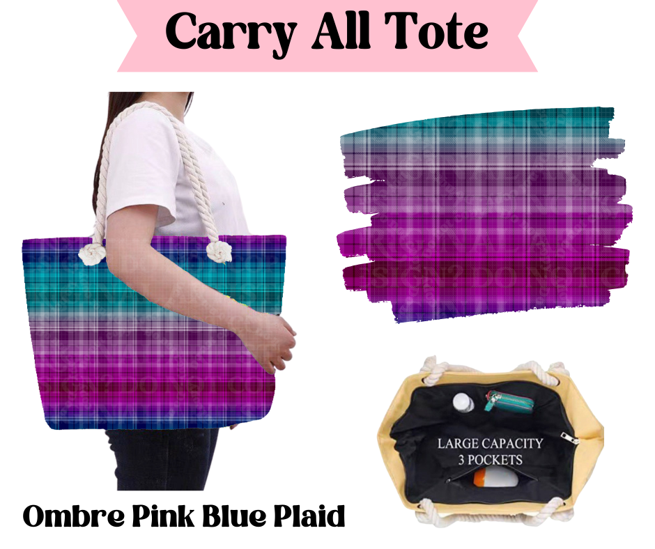 Ombre Pink Blue Plaid Carry All Tote