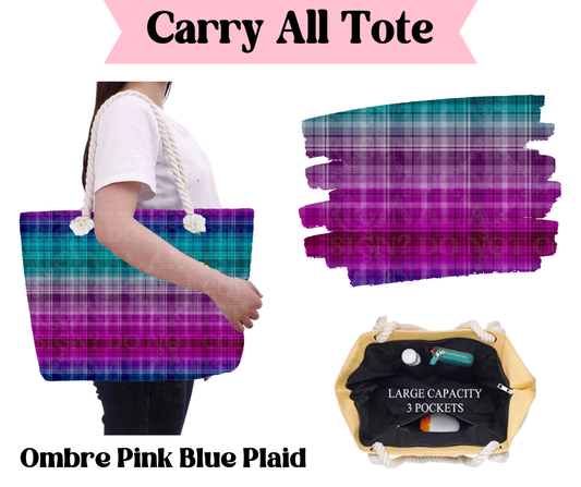 Ombre Pink Blue Plaid Carry All Tote