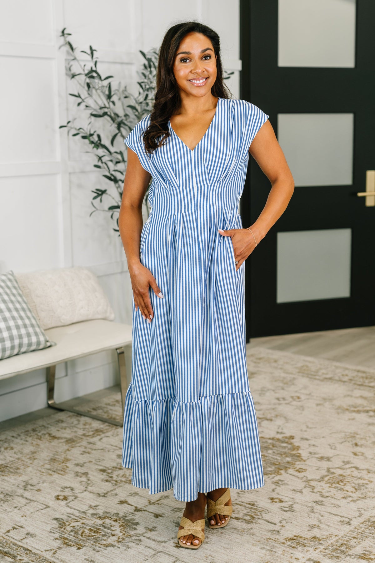 Only Chance Pleated Smock Waist Maxi Dress in Blue