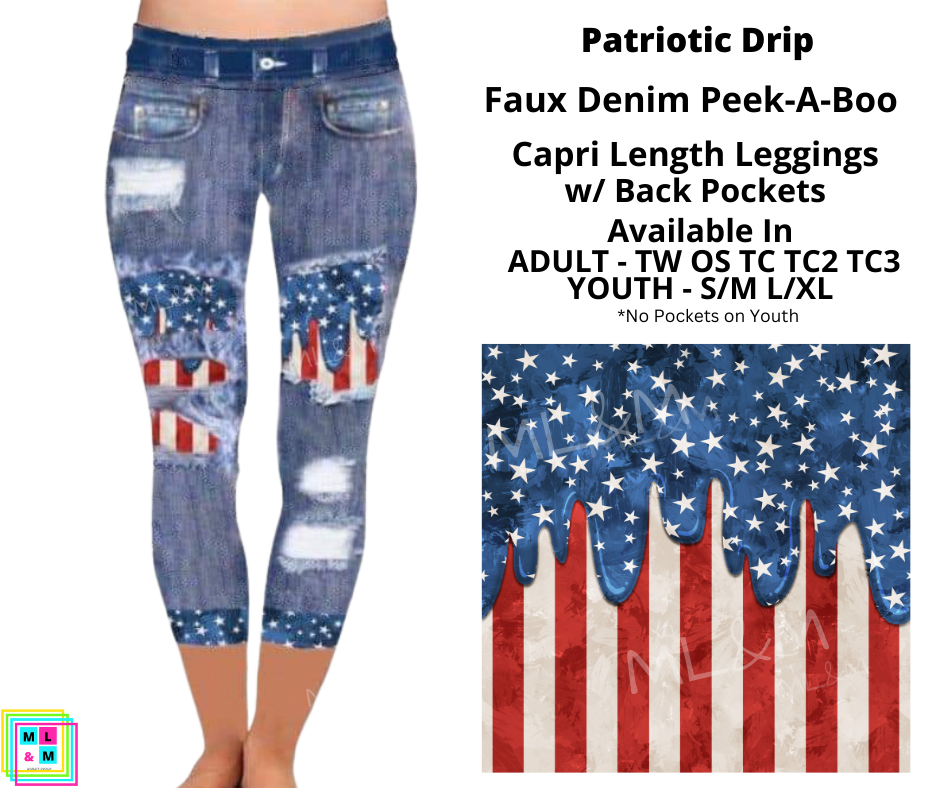 Patriotic Drip Faux Denim Capris
