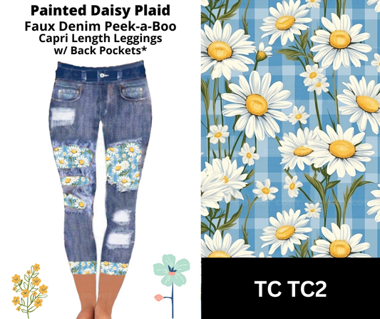Painted Daisy Plaid Capri Faux Denim Peekaboo