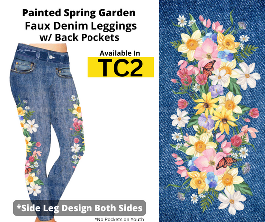 Painted Spring Garden Full Length Faux Denim w/ Side Leg Designs