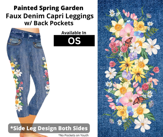Painted Spring Garden Capri Faux Denim w/ Side Leg Designs