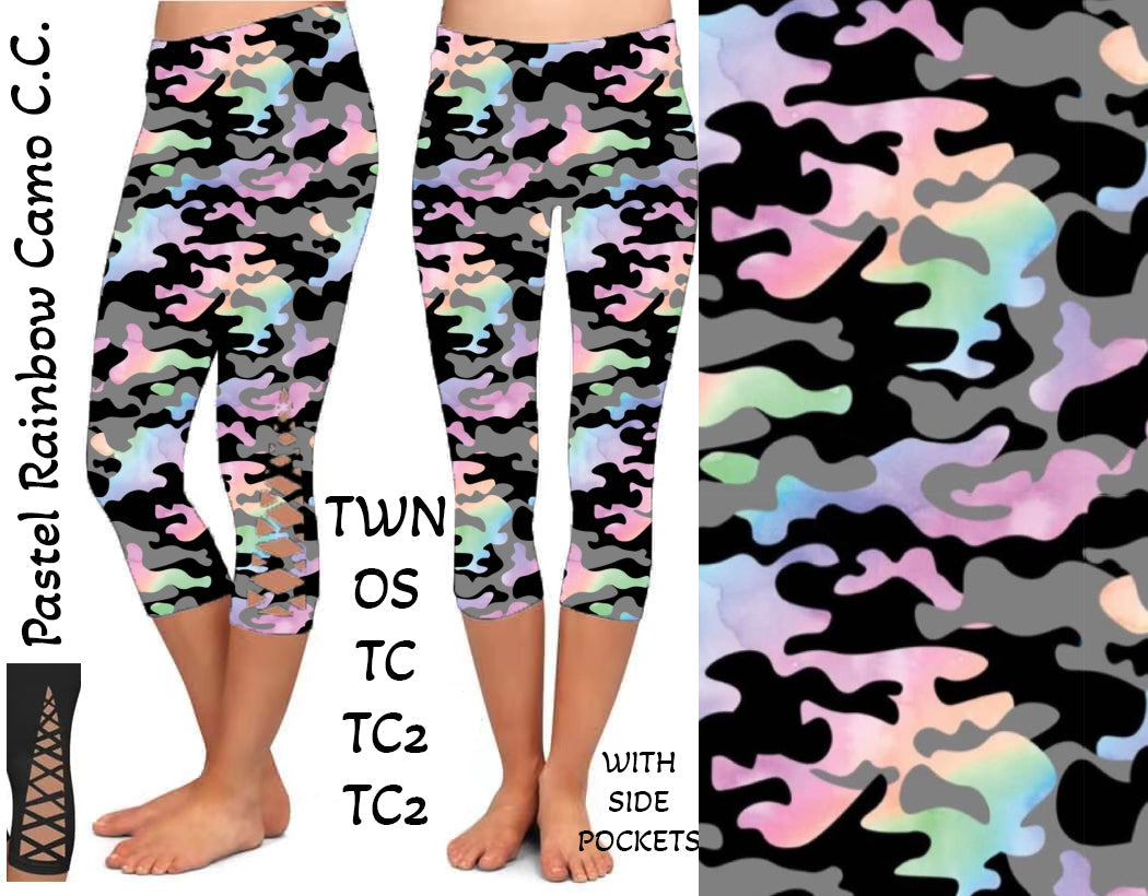Pastel Rainbow Camo Criss Cross Capris with Pockets