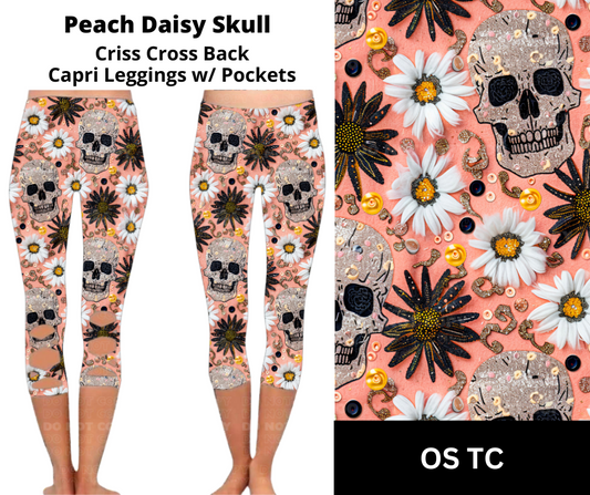 Peach Daisy Skull Criss Cross Capri w/ Pockets