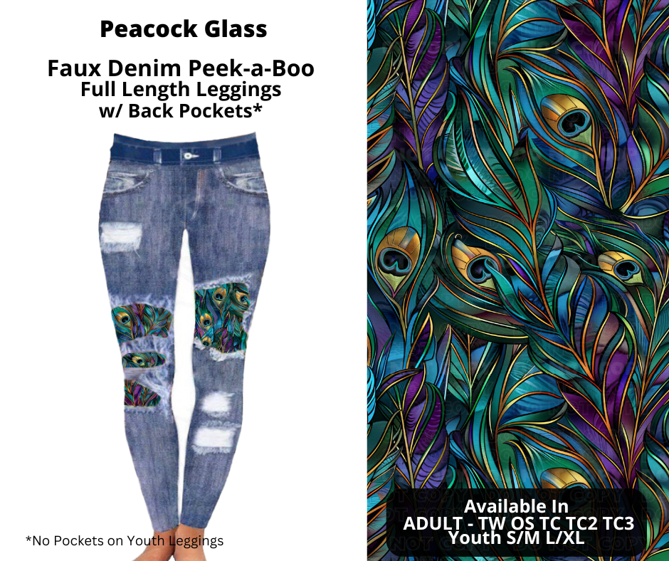 Peacock Glass Faux Denim Full Length Peekaboo Leggings