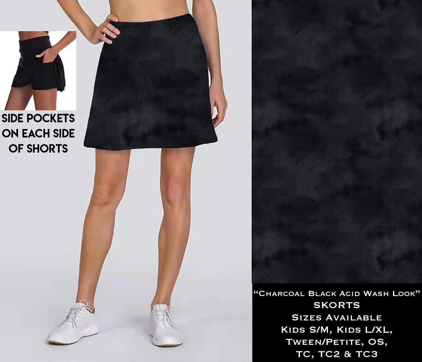 Charcoal Black Acid Wash Look Skort w/Pockets