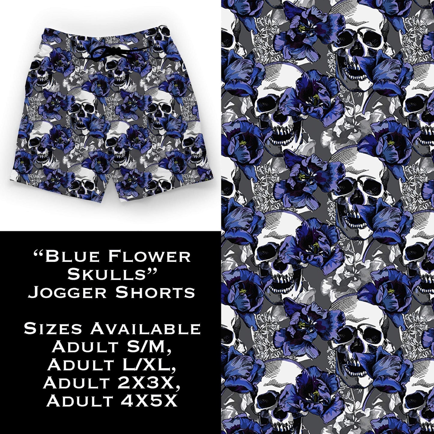 Blue Flower Skulls Jogger Shorts