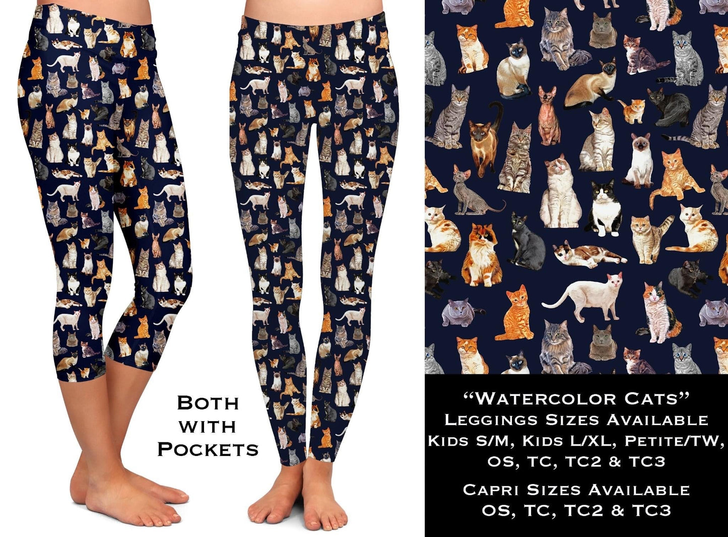 Watercolor Cats Leggings & Capris with Pockets