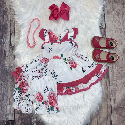 Pink Floral and Lace Ruffle Dress Set with Bloomers