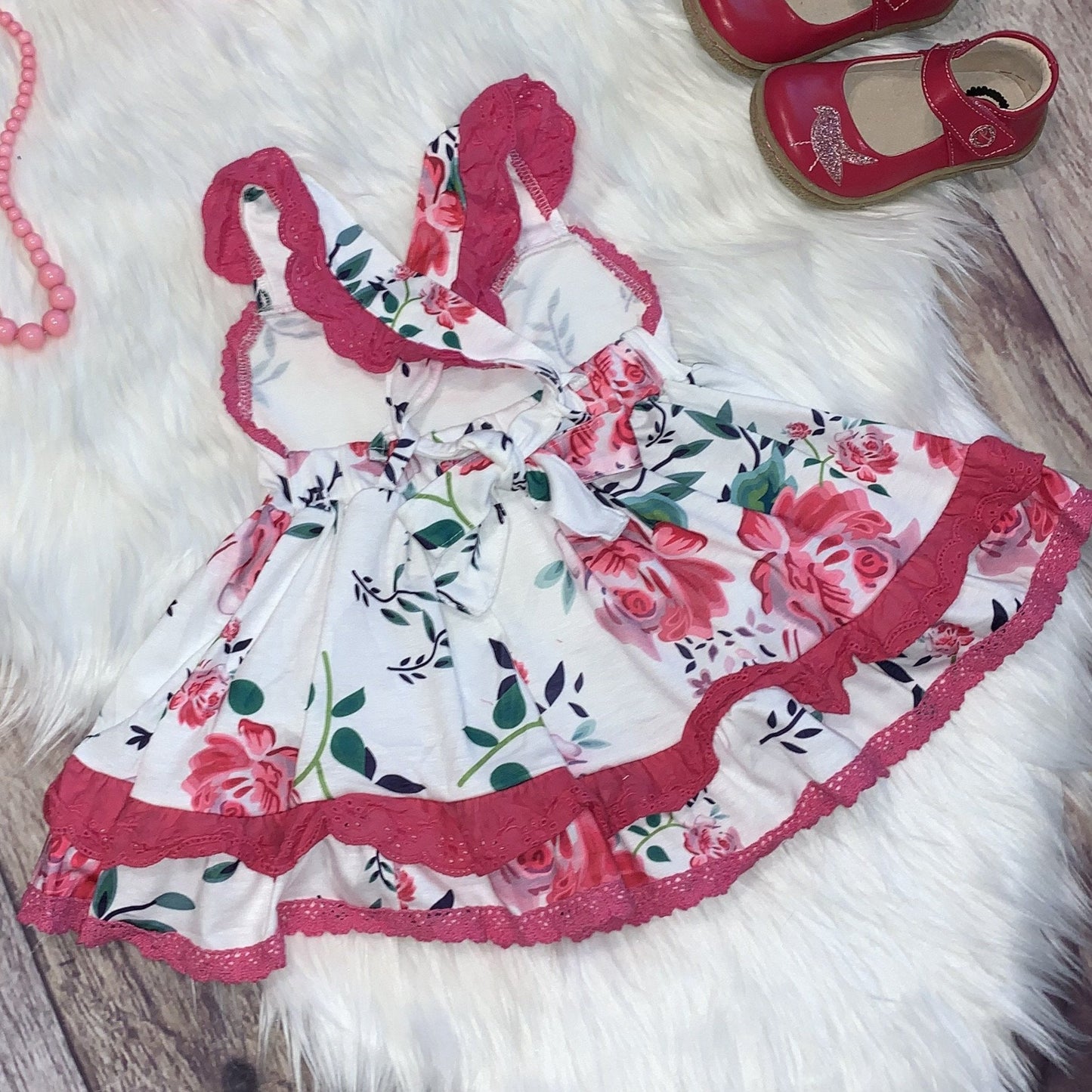 Pink Floral and Lace Ruffle Dress Set with Bloomers