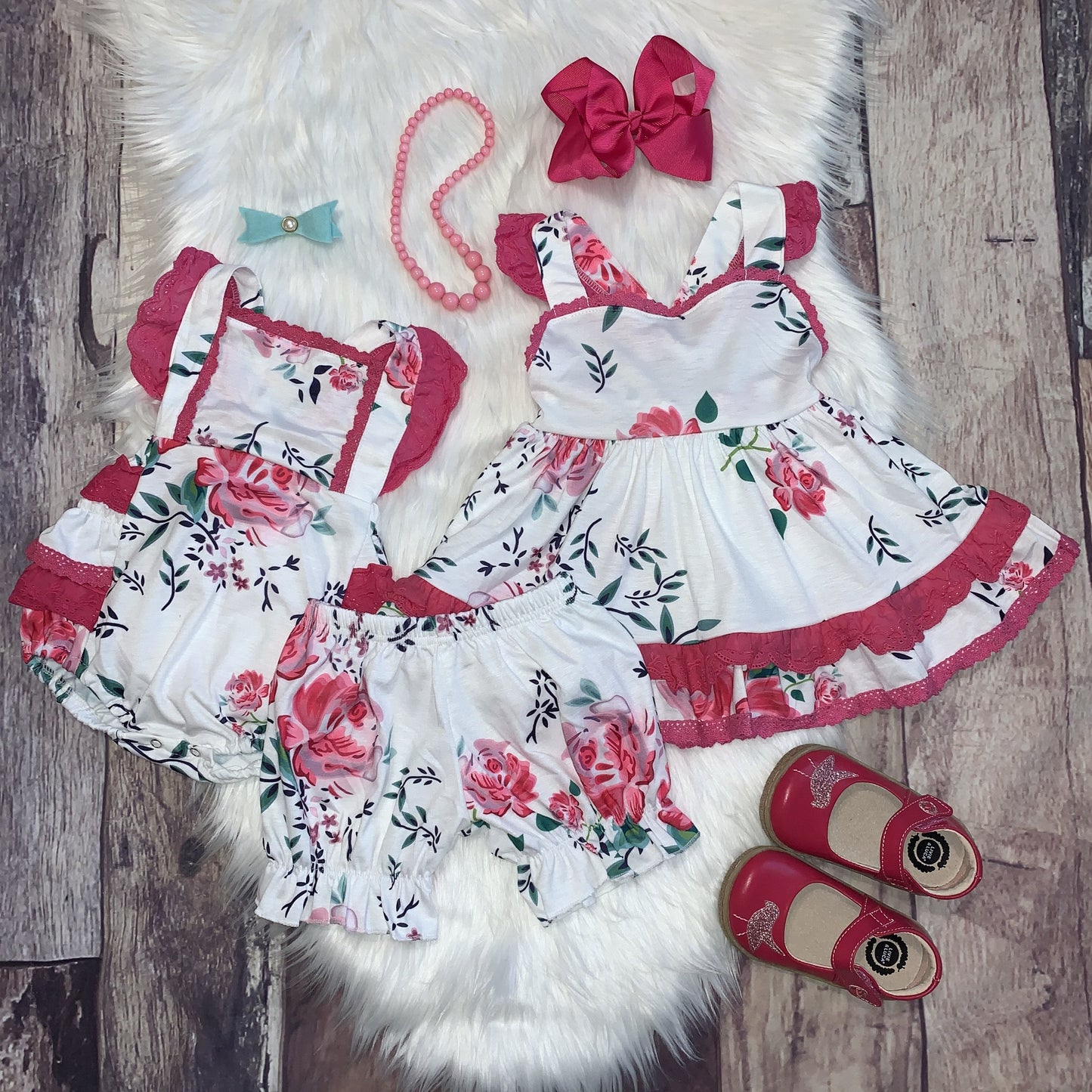 Pink Floral and Lace Ruffle Dress Set with Bloomers