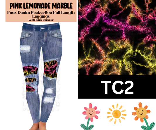 Pink Lemonade Marble Faux Denim Full Length Peekaboo Leggings