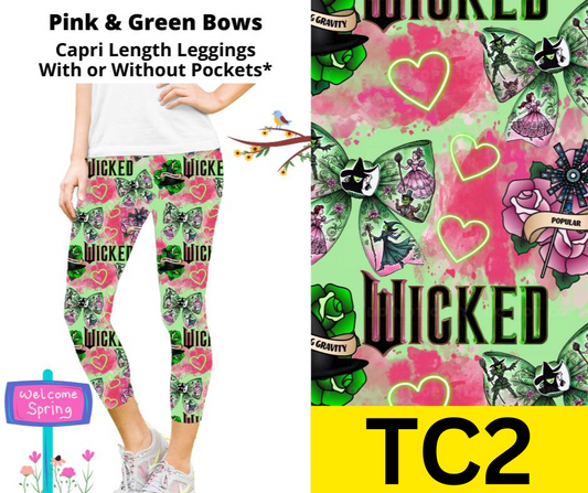 Pink & Green Bows Capri Length Leggings w/ Pockets
