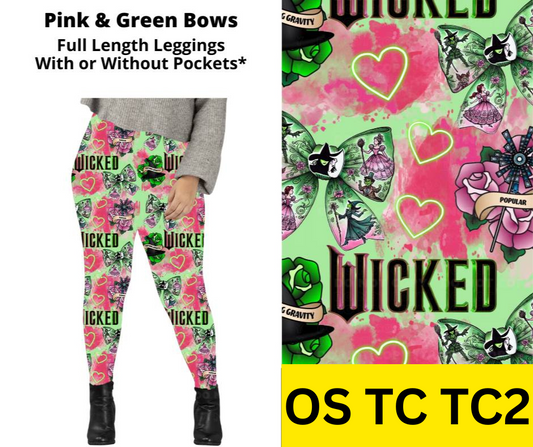 Pink & Green Bows Full Length Leggings w/ Pockets