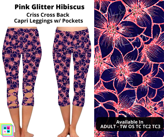Pink Glitter Hibiscus Criss Cross Capri w/ Pockets