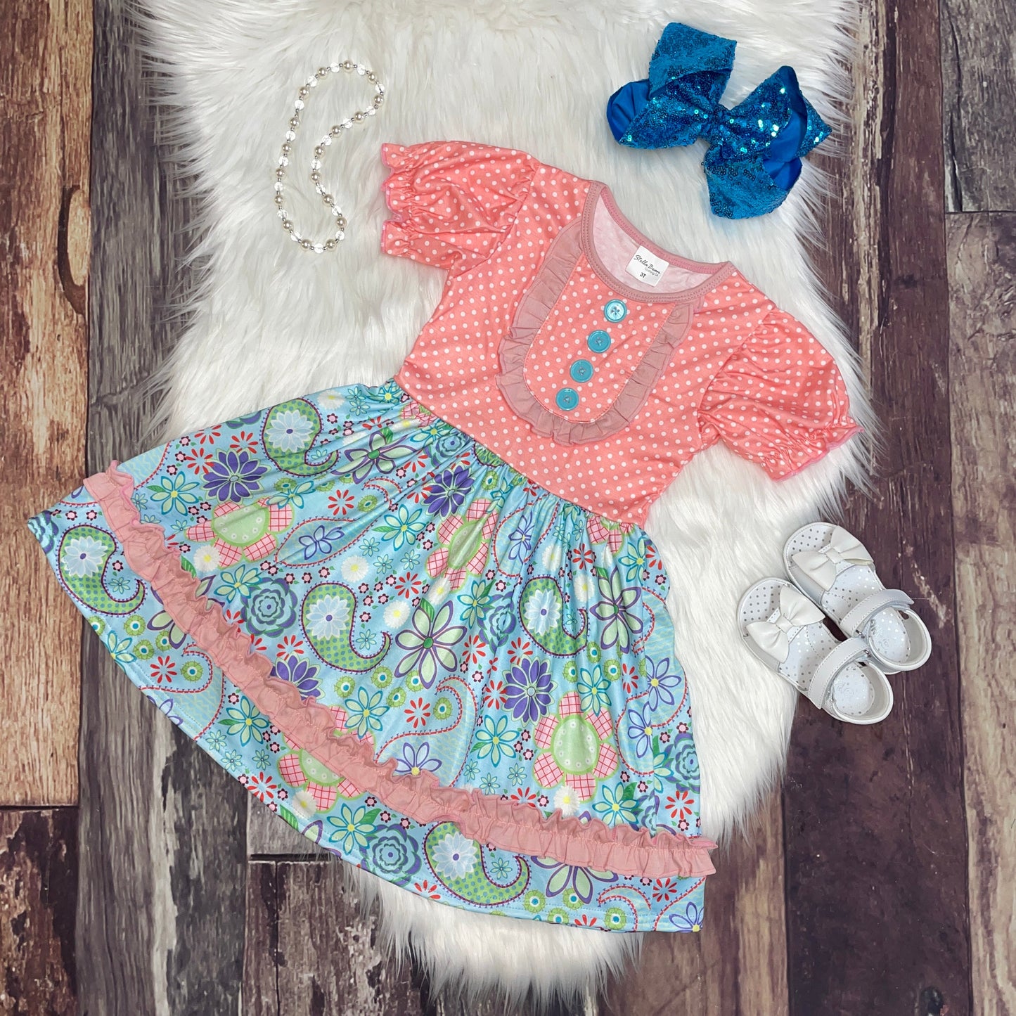 Pretty in Paisley Coral & Blue Ruffle Trim Dress