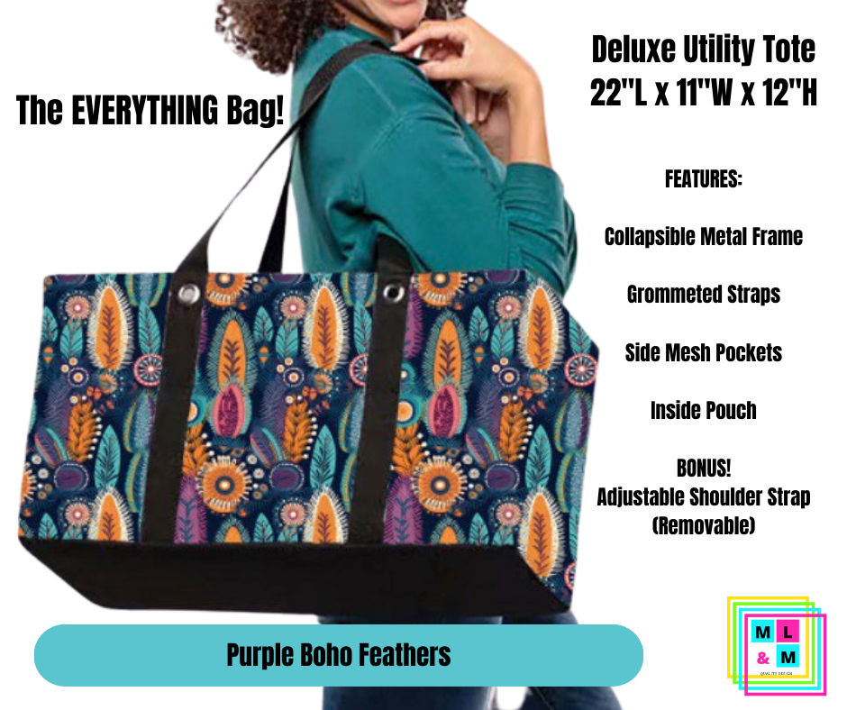 Purple Boho Feathers Collapsible Tote