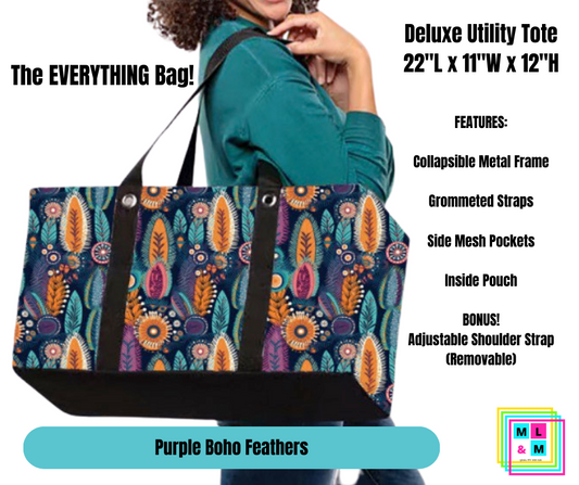 Purple Boho Feathers Collapsible Tote