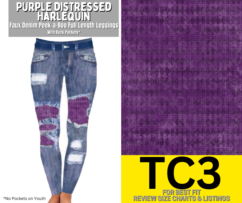 Purple Distressed Harlequin Faux Denim Full Length Peekaboo Leggings