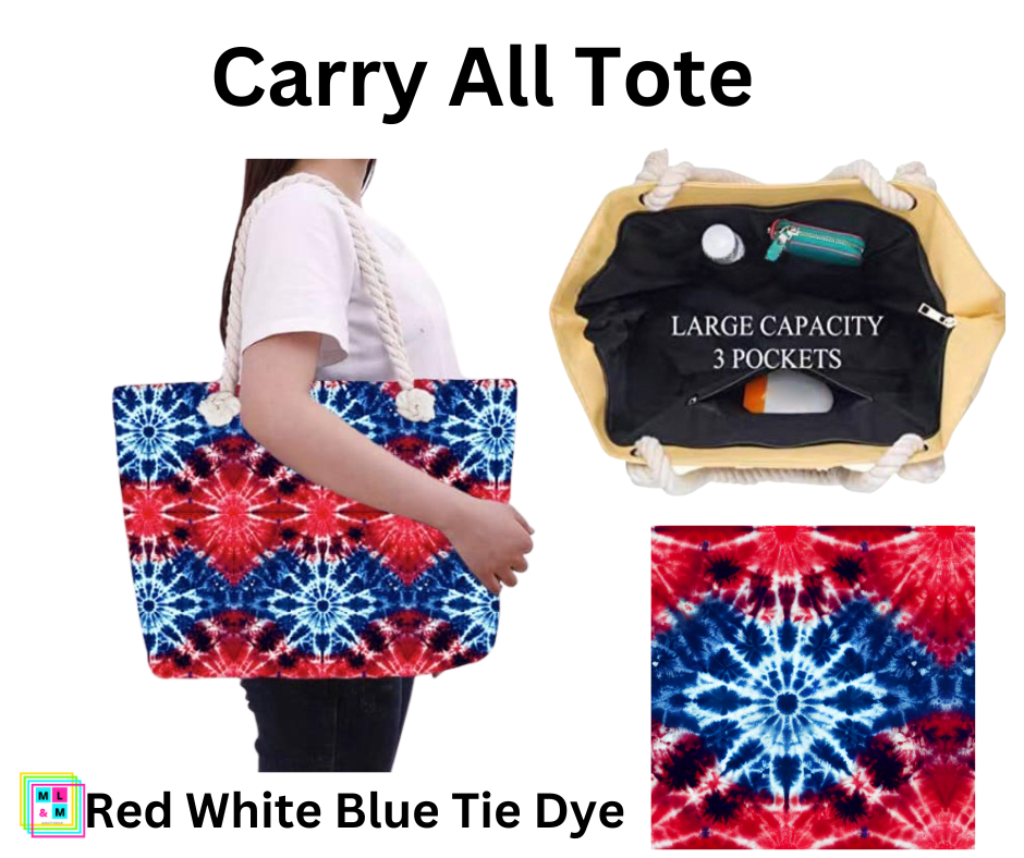 Red White Blue Tie Dye Carry All Tote w/ Zipper